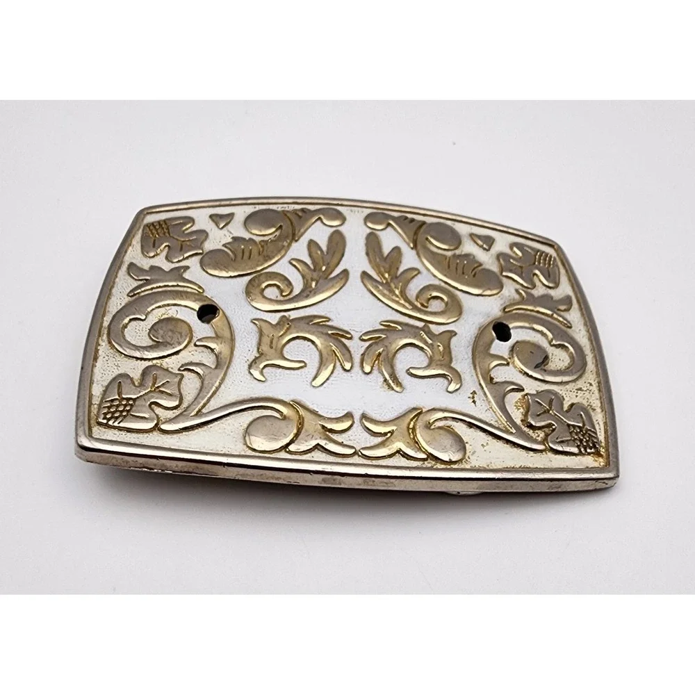 Vtg Belt Buckle Floral Leaf Pattern‎ White and Gold